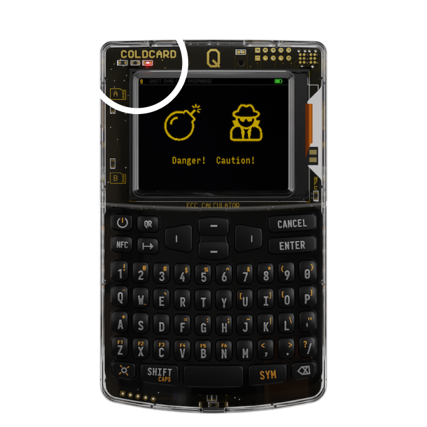 COLDCARD Q screen showing genuine and caution light icons