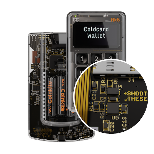 COLDCARD Q and COLDCARD Mk5 with a closeup of Mk5's secure elements
